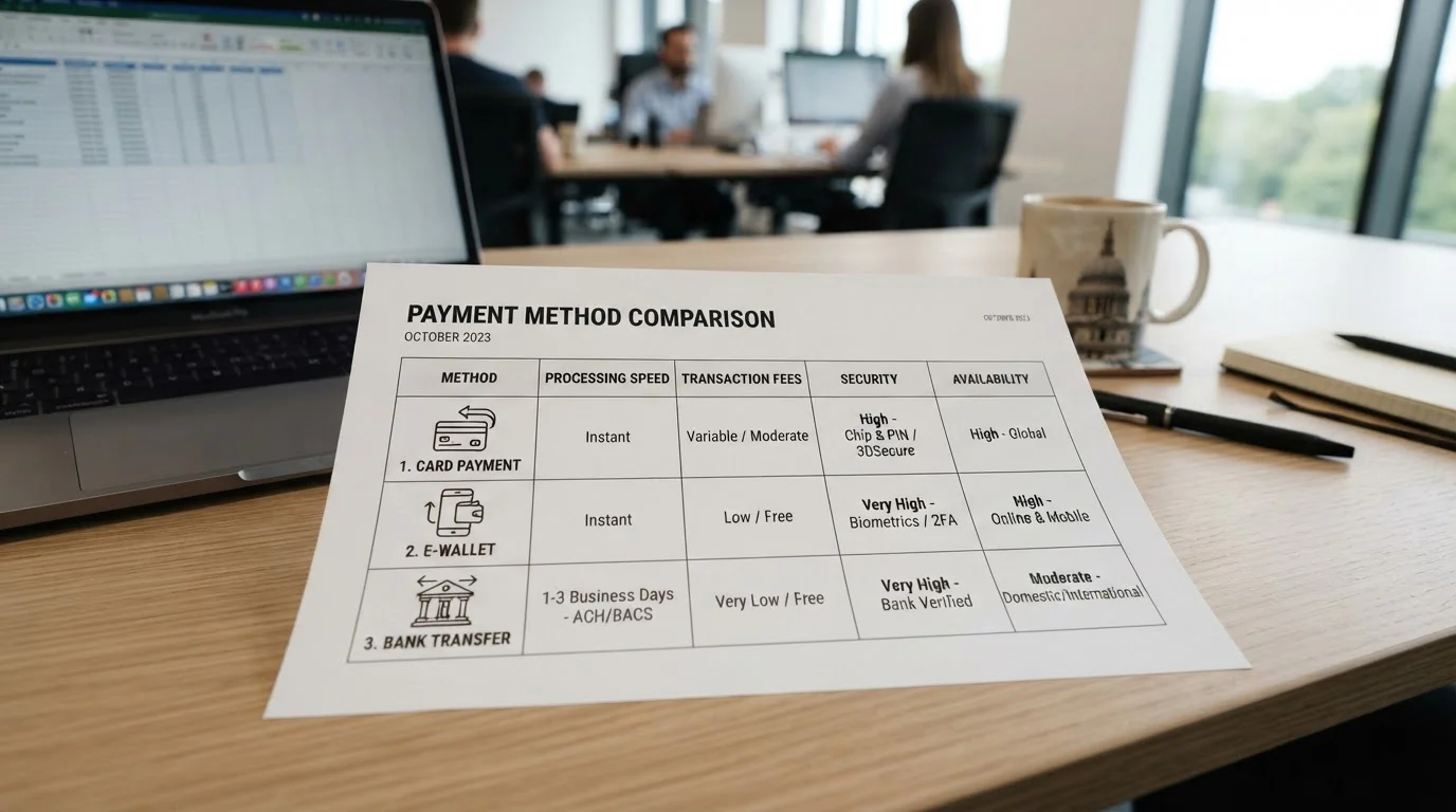 Payment methods comparison chart for UK online casinos