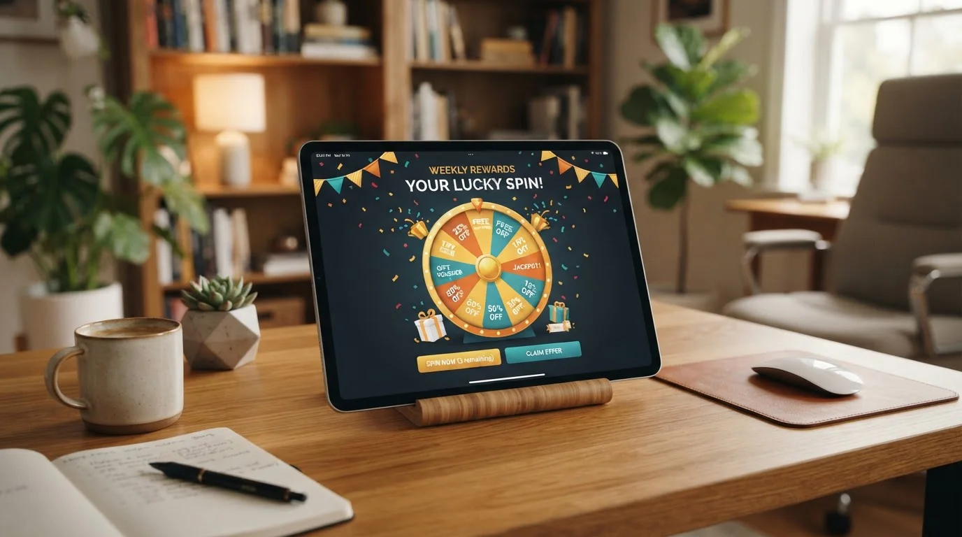 Tablet displaying welcome bonus structures with percentage symbols and spin counts