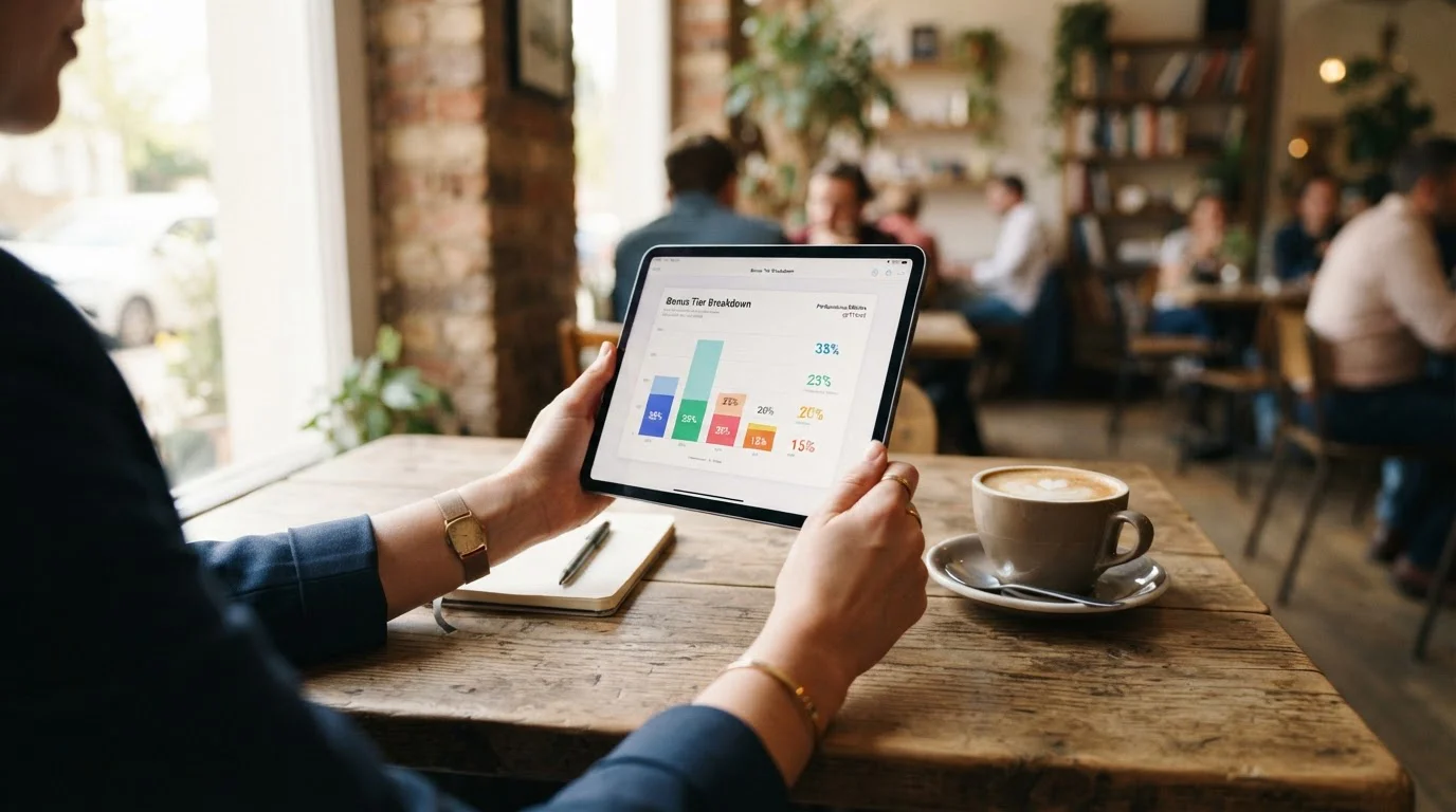 Person holding tablet showing clean financial breakdown chart at cafe table
