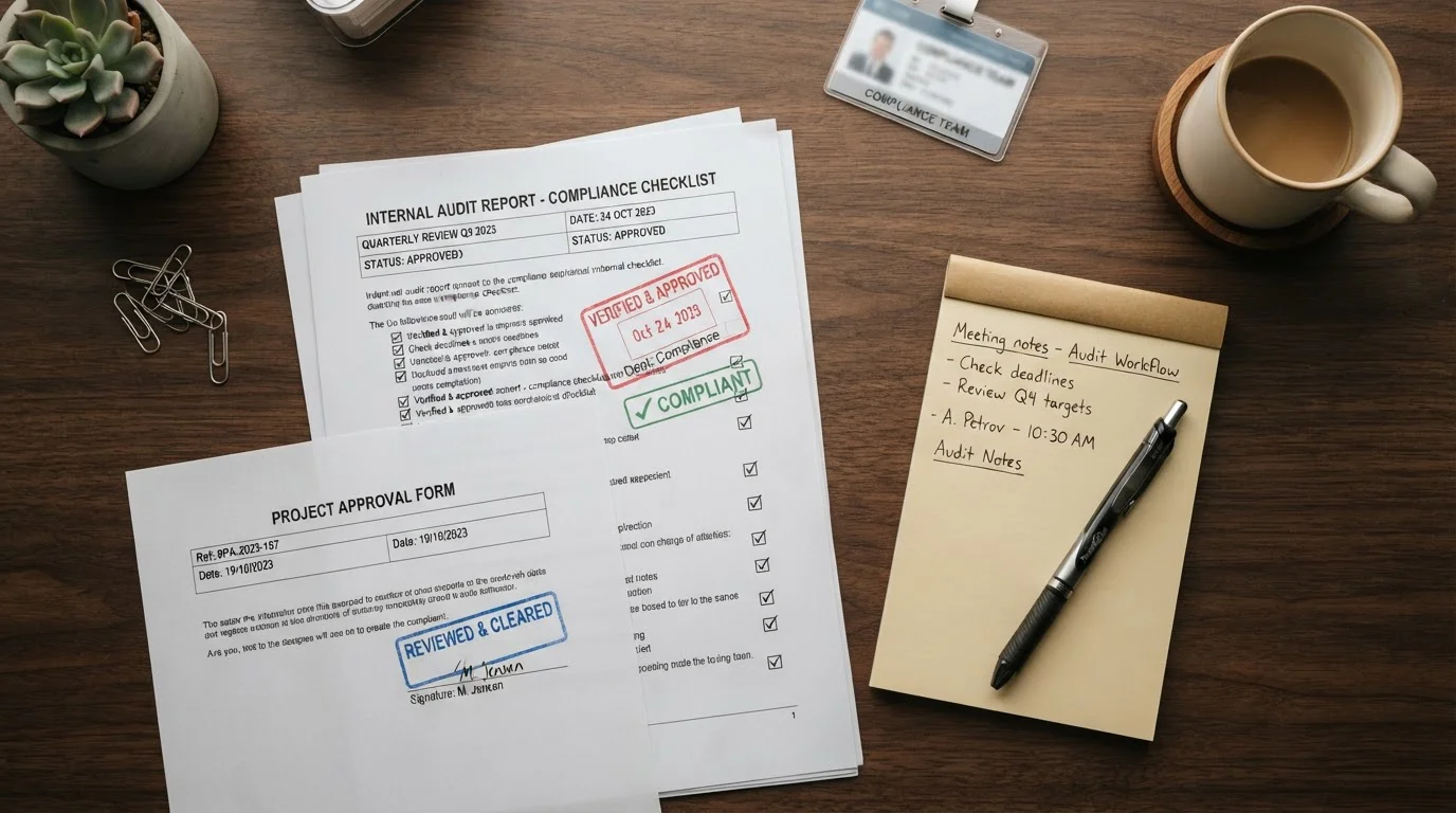 Office workspace showing compliance review workflow with verified documents and approval timestamp