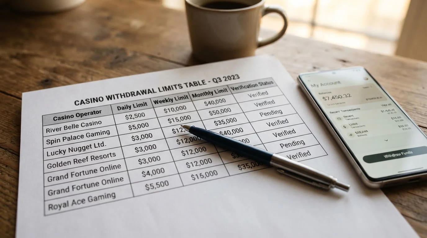 Close-up of printed withdrawal limits table showing casino names and amounts with pen