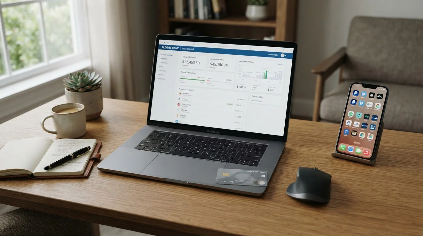 Laptop displaying online banking interface with debit card and smartphone showing payment apps on desk