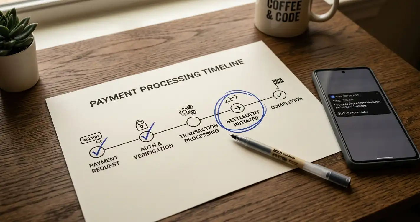 Desk with timeline document showing payment processing stages and smartphone showing completion notification