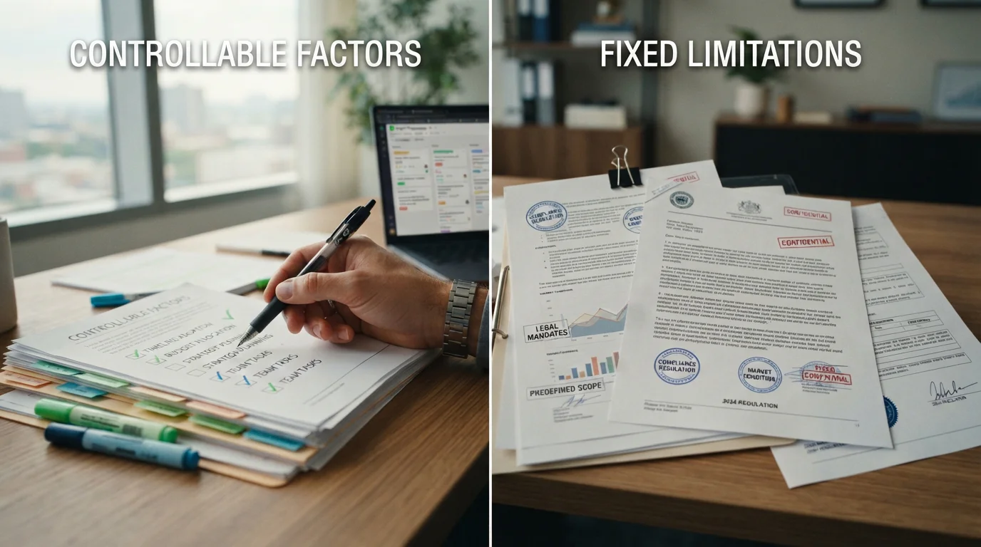 Split desk showing controllable withdrawal factors on one side and fixed limitations on the other