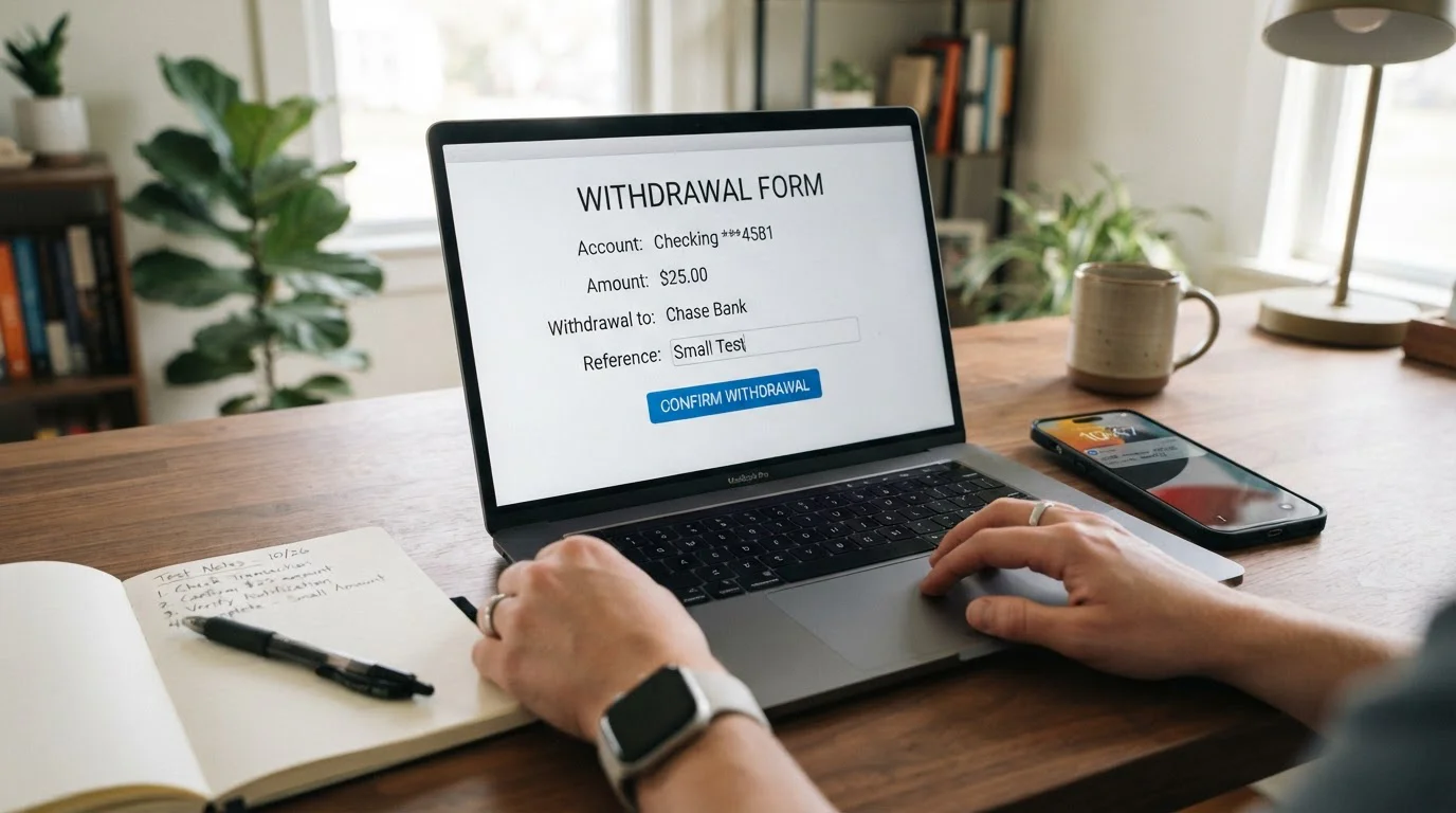 Close-up of hands using laptop with withdrawal form and smartphone showing confirmation