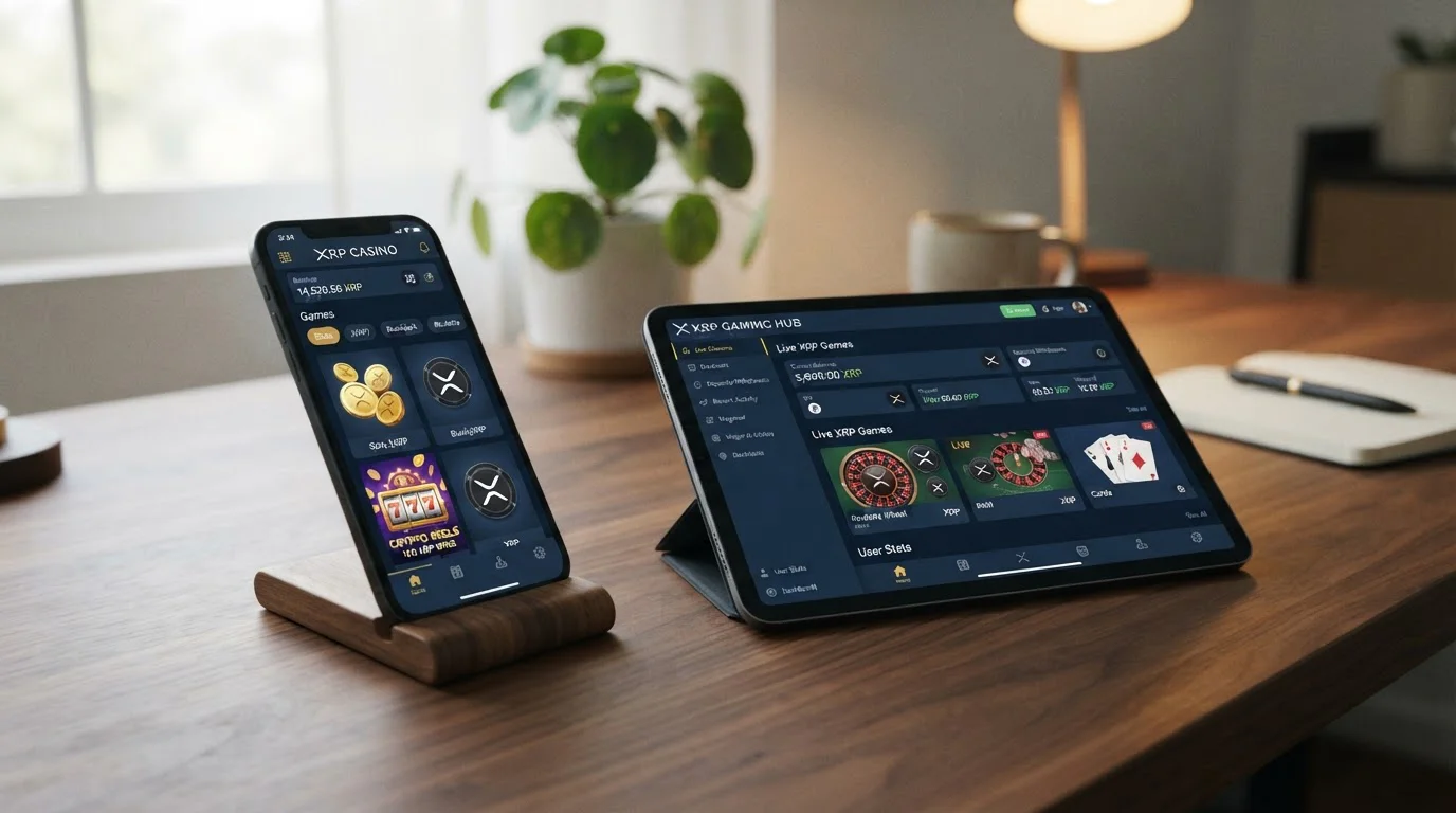 Smartphone and tablet displaying clean casino interfaces with XRP cryptocurrency symbols