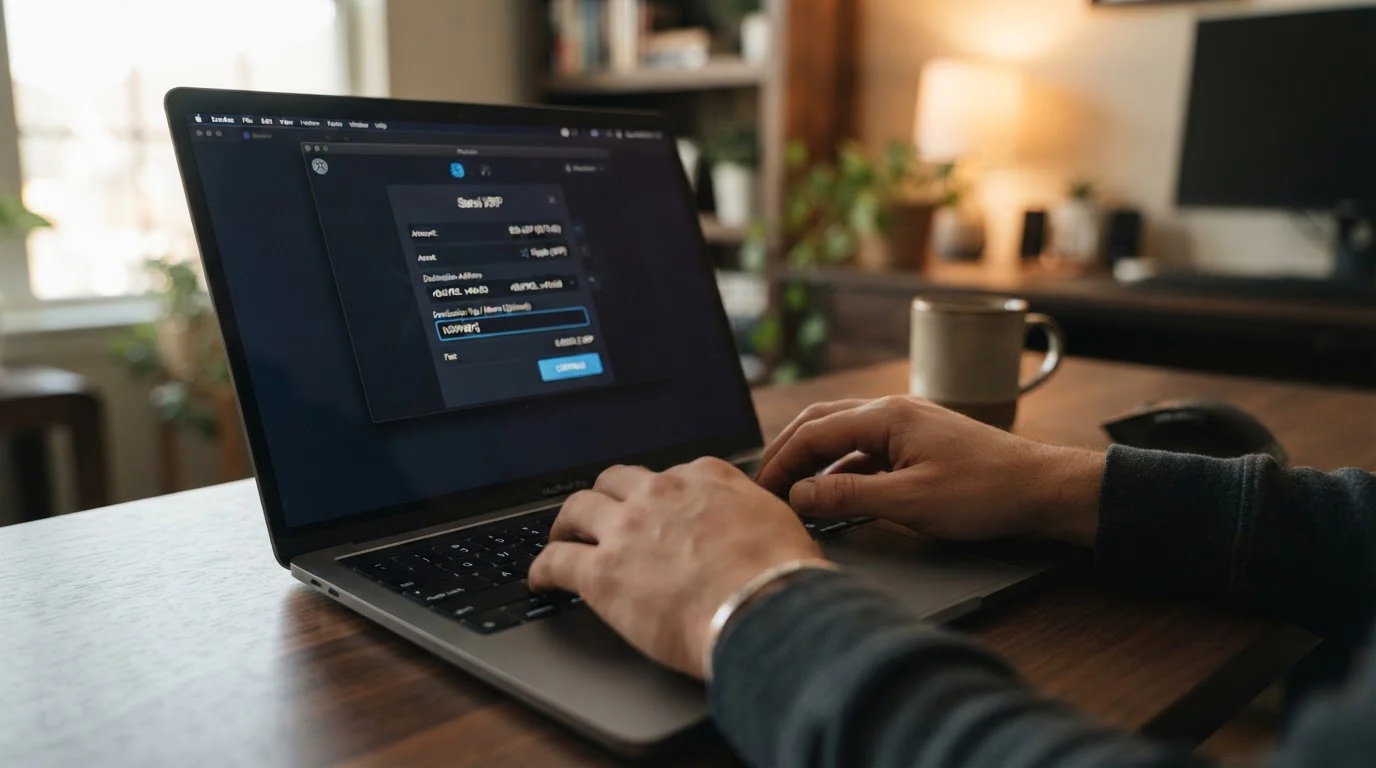 Close-up of hands typing on laptop with cryptocurrency wallet destination tag input field visible