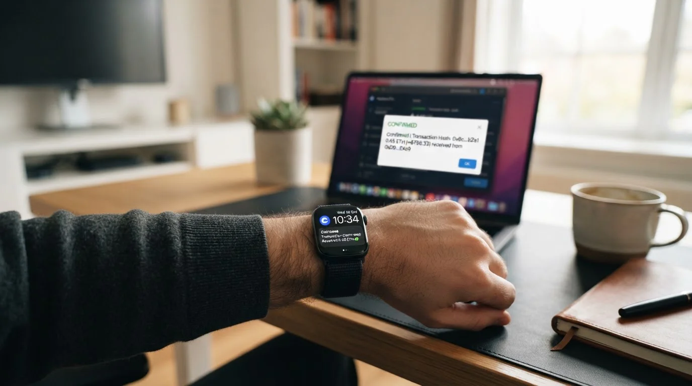 Smartwatch on wrist showing time with laptop displaying crypto transaction confirmation in background