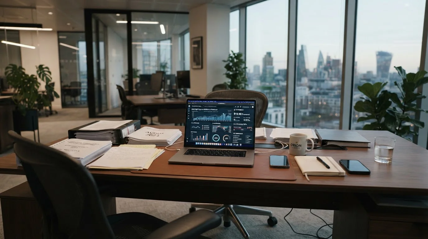 Corporate office setting showing financial regulatory documents and digital payment infrastructure